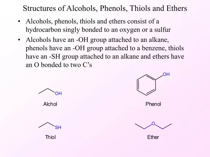 structures of alcohols phenols thiols and ethers