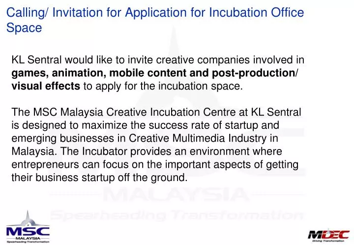 calling invitation for application for incubation office space