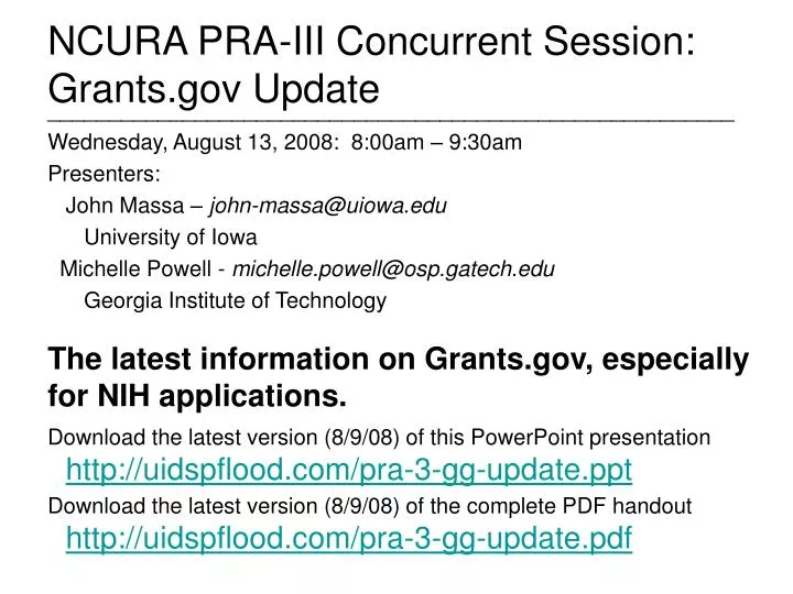 ncura pra iii concurrent session grants gov update