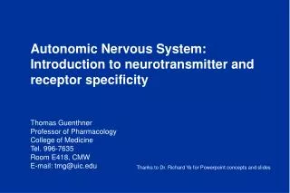 Autonomic Nervous System: Introduction to neurotransmitter and receptor specificity