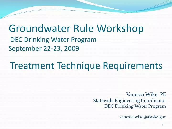 groundwater rule workshop dec drinking water program september 22 23 2009