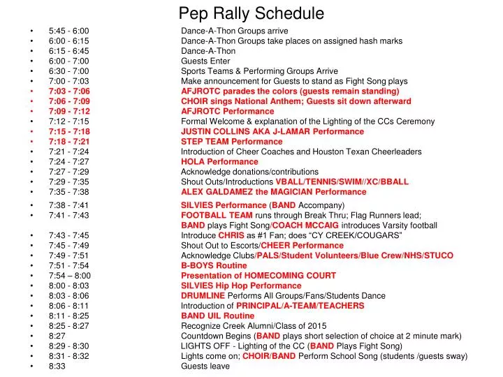 pep rally schedule