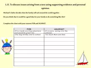 L.O. To discuss issues arising from a text using supporting evidence and personal opinion.