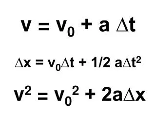 v = v 0 + a ?t ?x = v 0 ?t + 1/2 a?t 2 v 2 = v 0 2 + 2a?x