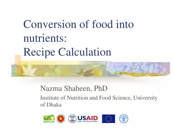 conversion of food into nutrients recipe calculation