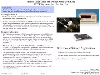 Tunable Laser Diode and Optical Phase-Lock Loop E-TEK Dynamics, Inc., San Jose, CA