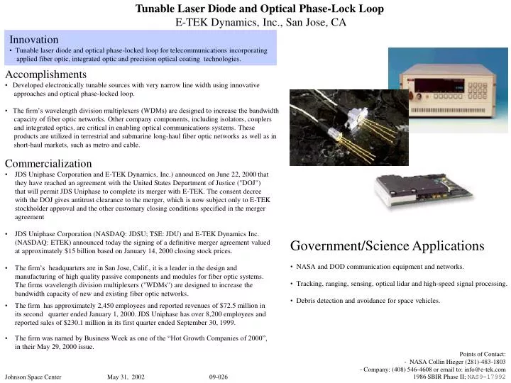 tunable laser diode and optical phase lock loop e tek dynamics inc san jose ca