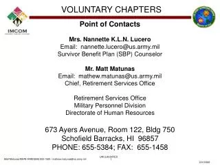Point of Contacts Mrs. Nannette K.L.N. Lucero Email: nannette.lucero@us.army.mil