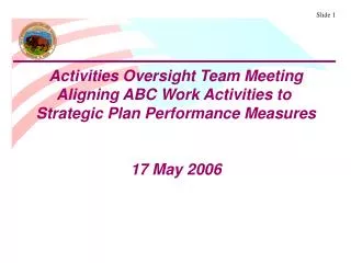 Activities Oversight Team Meeting Aligning ABC Work Activities to