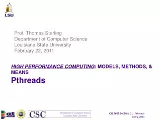 HIGH PERFORMANCE COMPUTING : MODELS, METHODS, &amp; MEANS Pthreads