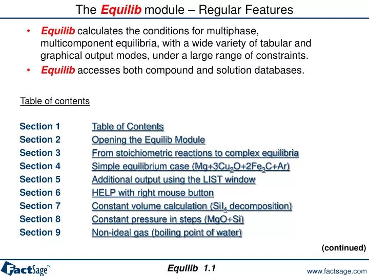 the equilib module regular features