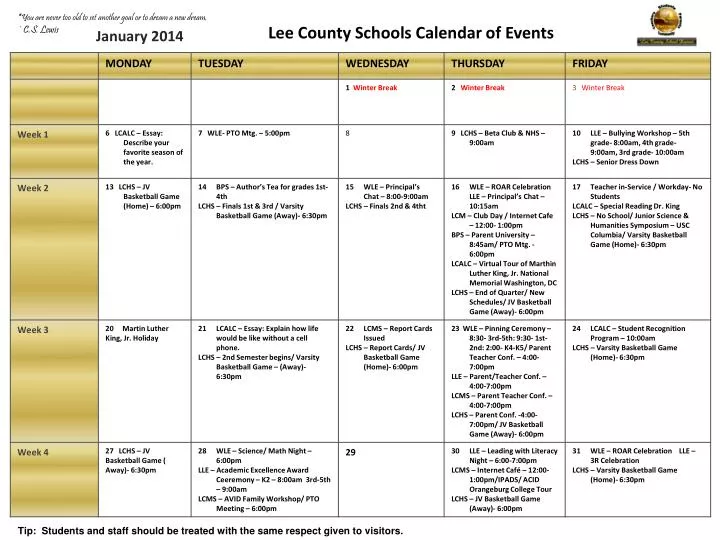 PPT Lee County Schools Calendar of Events PowerPoint Presentation
