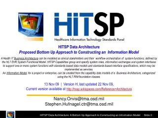 HITSP Data Architecture Proposed Bottom Up Approach to Constructing an Information Model