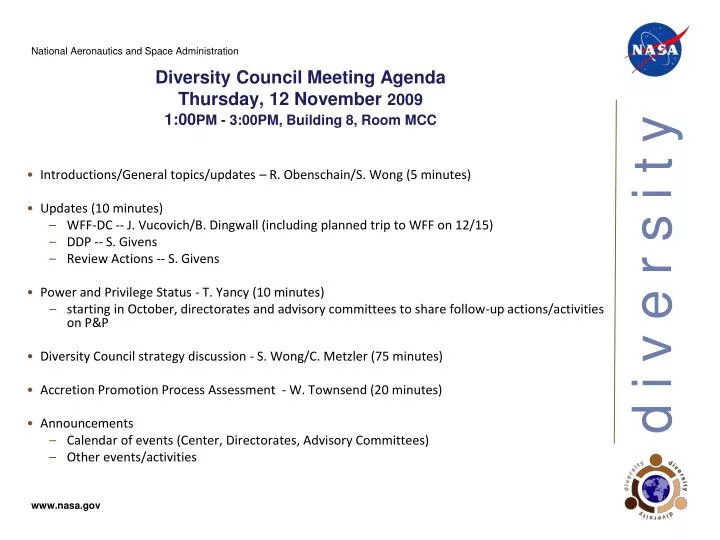 diversity council meeting agenda thursday 12 november 2009 1 00 pm 3 00pm building 8 room mcc