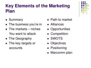 Key Elements of the Marketing Plan