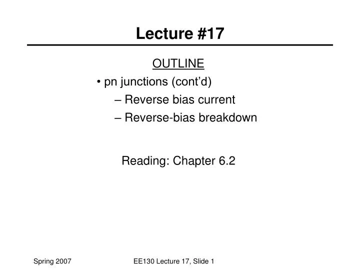 outline pn junctions cont d reverse bias current reverse bias breakdown reading chapter 6 2