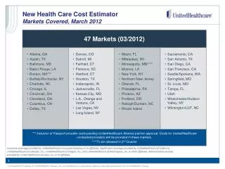 New Health Care Cost Estimator Markets Covered, March 2012