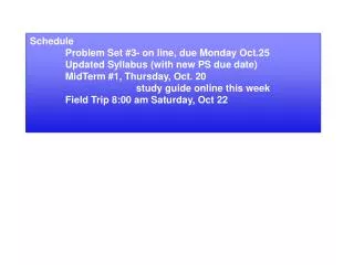Schedule 	Problem Set #3- on line, due Monday Oct.25 	Updated Syllabus (with new PS due date)
