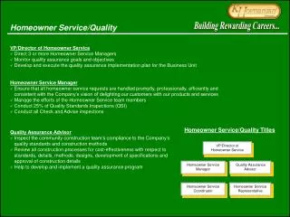 VP/Director of Homeowner Service Direct 3 or more Homeowner Service Managers