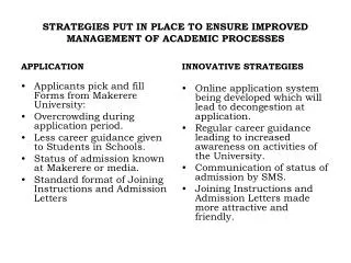 STRATEGIES PUT IN PLACE TO ENSURE IMPROVED MANAGEMENT OF ACADEMIC PROCESSES