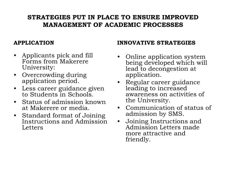 strategies put in place to ensure improved management of academic processes