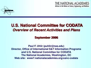 U.S. National Committee for CODATA Overview of Recent Activities and Plans September 2006