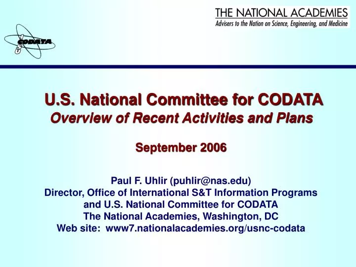 u s national committee for codata overview of recent activities and plans september 2006