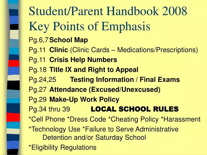 student parent handbook 2008 key points of emphasis