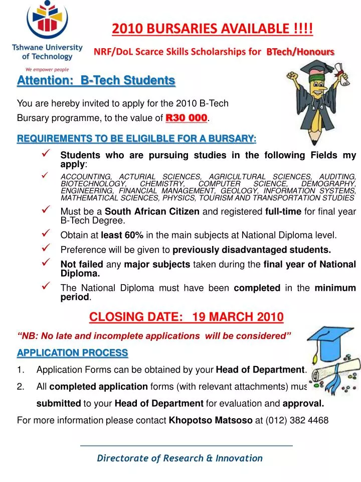 2010 bursaries available nrf dol scarce skills scholarships for btech honours