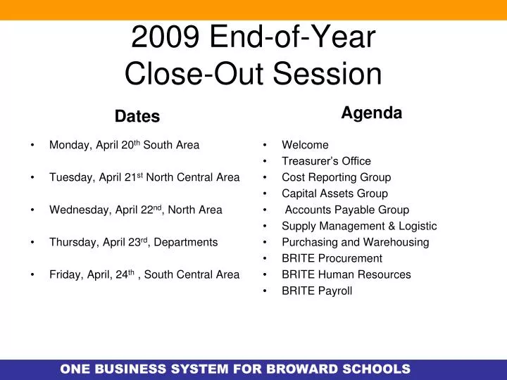 2009 end of year close out session