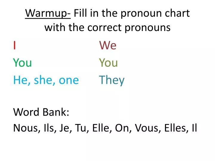warmup fill in the pronoun chart with the correct pronouns