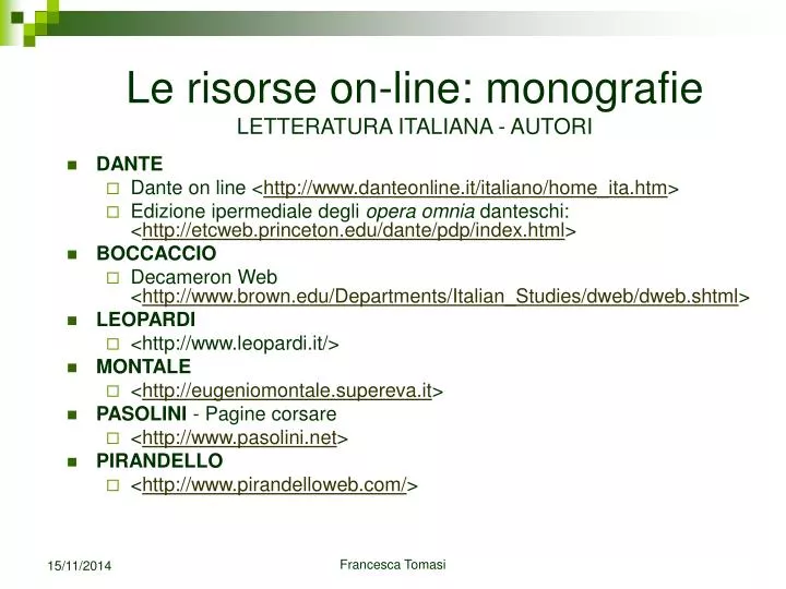 le risorse on line monografie letteratura italiana autori