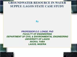 GROUNDWATER RESOURCE IN WATER SUPPLY: General Context