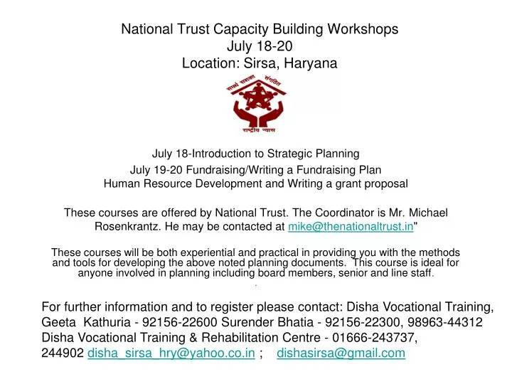national trust capacity building workshops july 18 20 location sirsa haryana