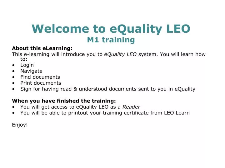 welcome to equality leo m1 training