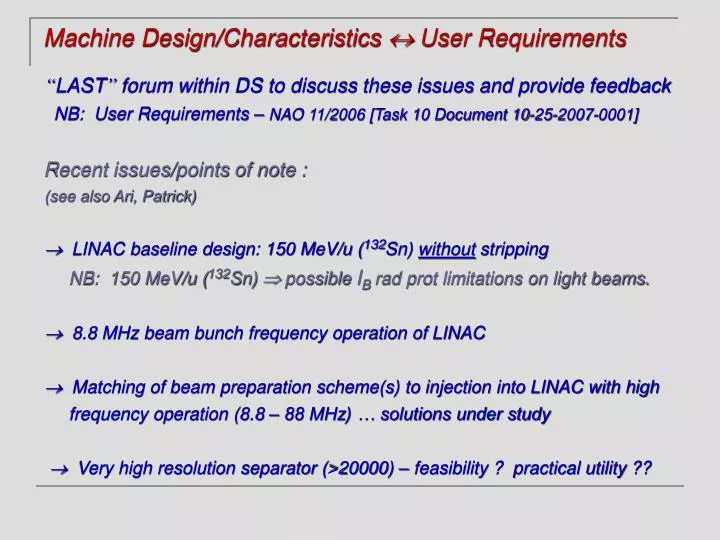 machine design characteristics user requirements