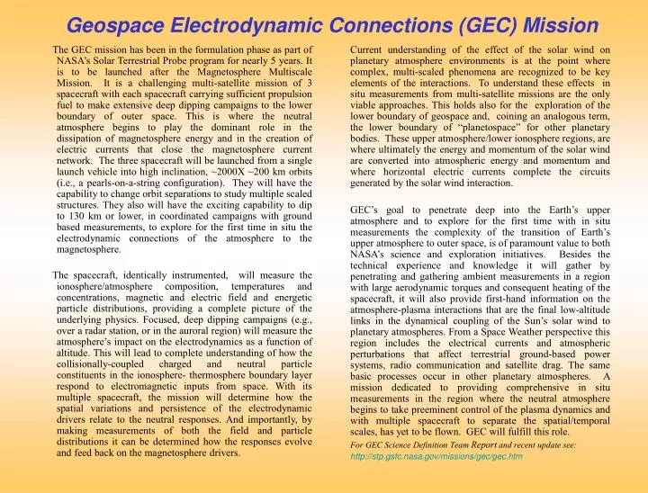 geospace electrodynamic connections gec mission