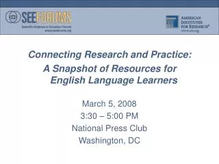 Connecting Research and Practice: A Snapshot of Resources for English Language Learners