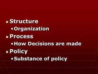 Structure Organization Process How Decisions are made Policy Substance of policy