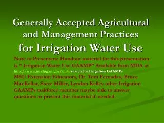 Generally Accepted Agricultural and Management Practices for Irrigation Water Use