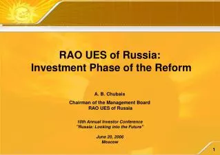 RAO UES of Russia: Investment Phase of the Reform