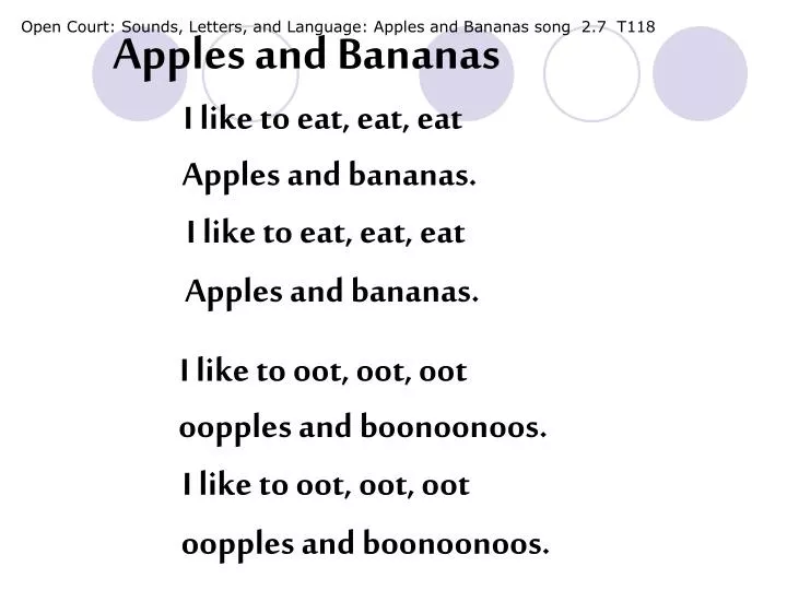 open court sounds letters and language apples and bananas song 2 7 t118