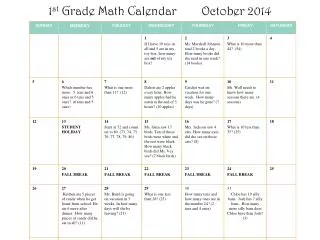 1 st grade math calendar october 2014