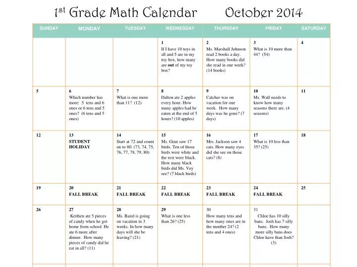 1 st grade math calendar october 2014