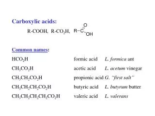 Carboxylic acids: R-COOH, R-CO 2 H, Common names : HCO 2 H			formic acid	 L. formica ant