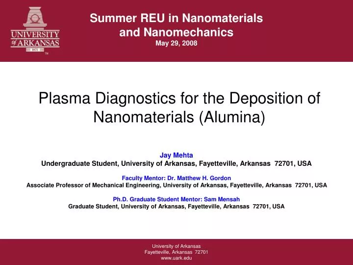 plasma diagnostics for the deposition of nanomaterials alumina