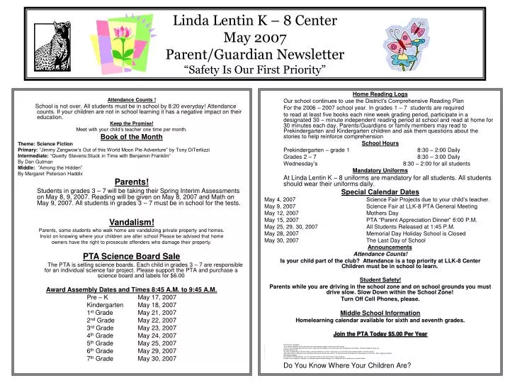 linda lentin k 8 center may 2007 parent guardian newsletter safety is our first priority