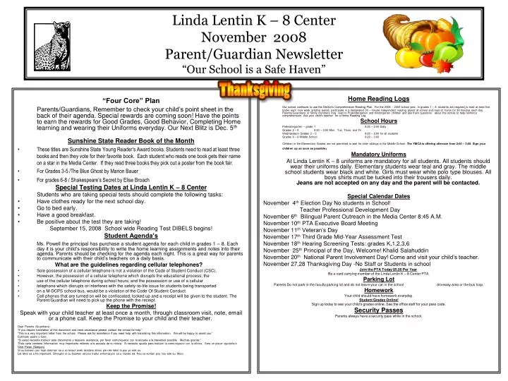 linda lentin k 8 center november 2008 parent guardian newsletter our school is a safe haven