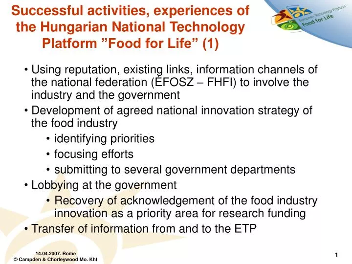 successful activities experiences of the hungarian national technology platform food for life 1