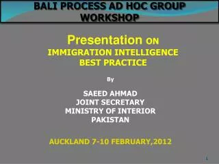 By SAEED AHMAD JOINT SECRETARY MINISTRY OF INTERIOR PAKISTAN AUCKLAND 7-10 FEBRUARY,2012